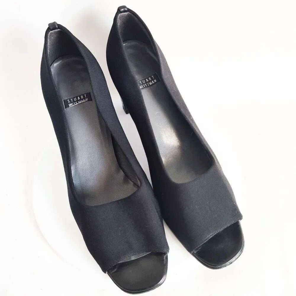 Stuart Weitzman Black Patent Leather Sole Open Toe Stiletto Heels 8.5 Sexy Pumps